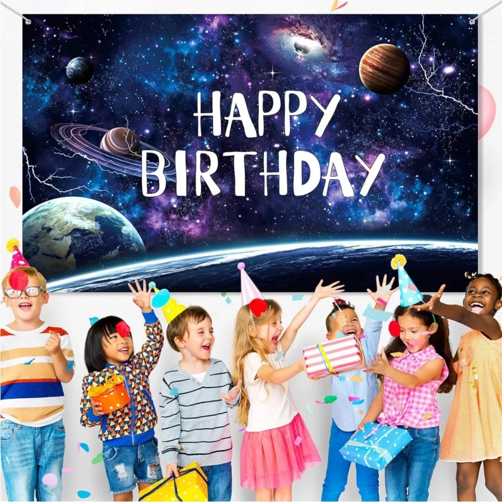 Space Galaxy Birthday Backdrop, Table Cloth & 500 Stickers Bundle